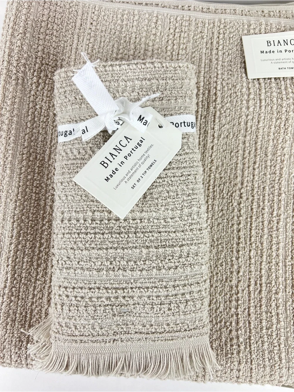 Bianca Bath Towel Set Tan with Fringe Textured Cotton Made in Portugal 4 Pc NEW